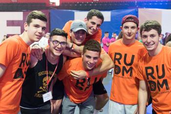 Michael Nicolaro, second from left, with his Phi Kappa Sigma brothers, were among the 1,700 dancers at this year's RUDM. 