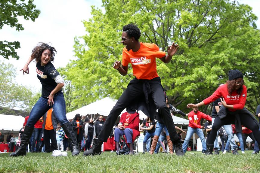 Students dancing at Rutgers Day event in Camden.