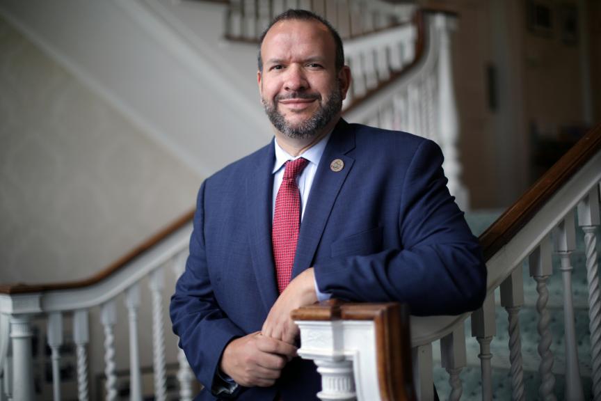 Rutgers Today, Rutgers News - New Jersey Labor Commissioner Champions His Rutgers Roots, New Jersey Labor Commissioner Robert Asaro Angelo on the steps of the Eagleton Institute of Politics historic Woodlawn mansion