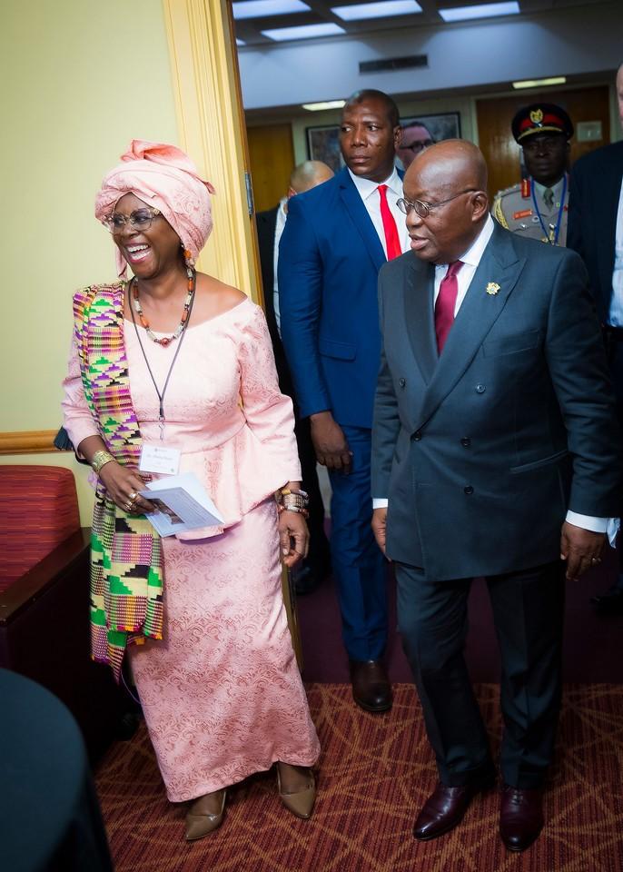 Abena Busia, a Rutgers–New Brunswick professor currently on leave while serving as Ghana's ambassador to Brazil, and President Nana Akufo-Addo of Ghana at the 2019 Achebe Leadership forum at Rutgers.