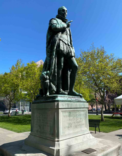 the oxidized bronze statue of William the Silent, also known as “Willie the Silent” welcomes visitors to the Voorhees Mall.