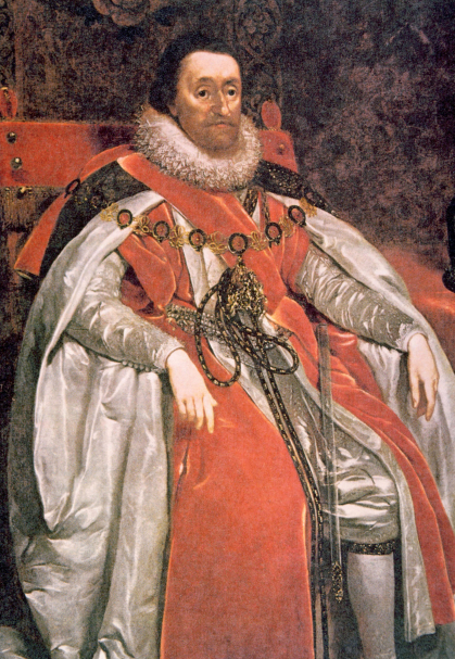 Portrait of King James I of England, seated and wearing royal robes