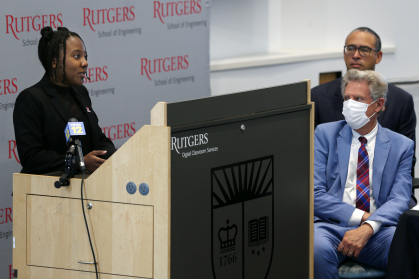 Faith Johnson, a doctoral candidate in the Department of Computer and Electrical Engineering discussing her research