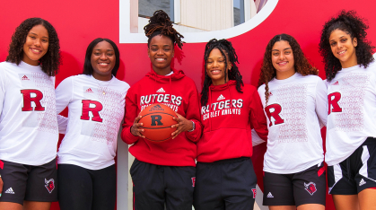 Five of the six players who transferred to Rutgers are guards (second from the left to the right): Sayawni Lassiter (Florida State), Shug Dickson (Missouri), Victoria Morris (Old Dominion), Jailyn Mason (Arkansas), and Lasha Petree (Bradley). They are joined by forward Osh Brown (Ball State) (far left) a