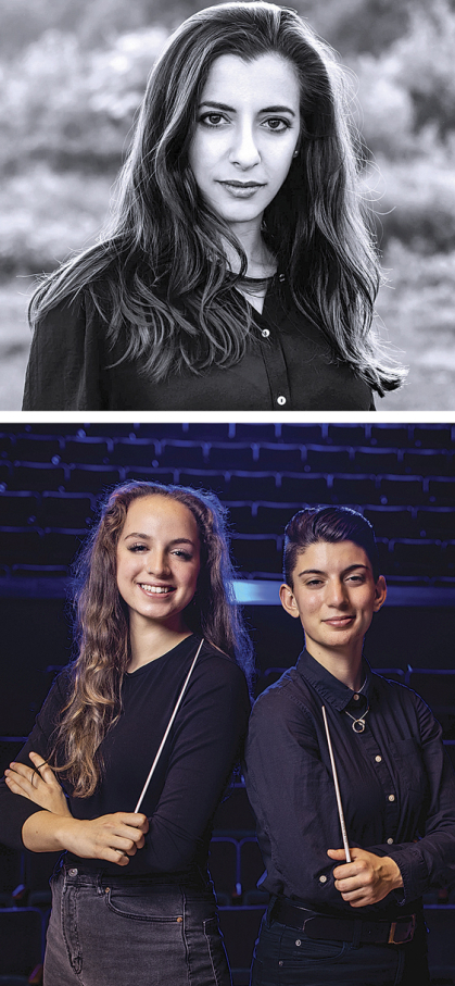 Kynan Johns’s former students, top, Michelle Rofrano, Charlotte Vickers-Hymowitz, left, and Amelia Ainbinder participated in Johns’s undergraduate course “Conducting I”.
