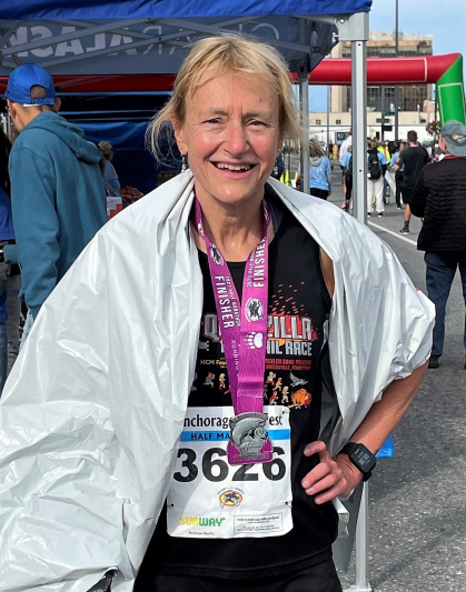 Yana van der Meulen Rodgers at the end of a half-marathon