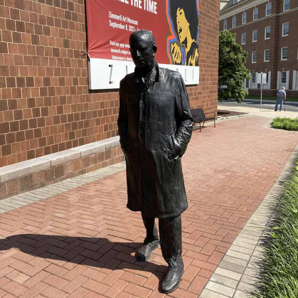 Outside the Zimmerli Art Museum is Walking Man by Rutgers alumnus George Segal.