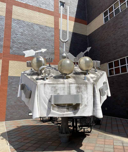 Situated next to State Theatre New Jersey and across from the Heldrich Hotel, stands The Tuning Fork Oracle by Alice Aycock. 