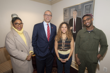 President Holloway with student artists (l. to r.) Grace Lynn Hayner (MGSA ’22), Tehyla McLeod (MGSA ’23), Kyle b.co. (MGSA ’22) whose work also hangs in his Winants office suite.