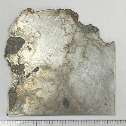 A slice of gray rock marbled with charcoal lines.