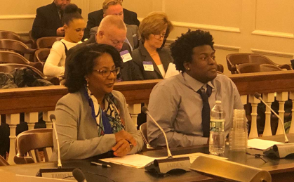 Assemblywoman Verlina Reynolds-Jackson (left) and Casey Fortson testify before the Senate Education Committee at the New Jersey State House in Trenton during the fall of 2019.