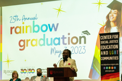 Keywuan Caulk speaking during Rainbow Graduation