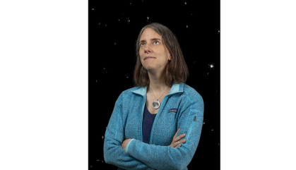 woman contemplating science, wearing light blue jacket, with star background