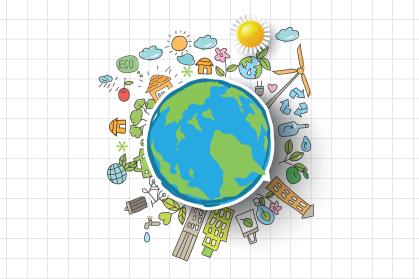 illustration of earth and city and sun