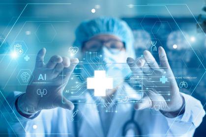 Doctor standing in front of screen signaling AI