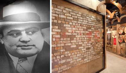 Chicago mobster Al Capone and the actual brick wall against which victims were executed. 