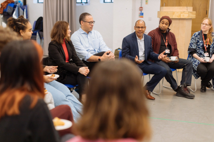 President Holloway, Dean Geary, Cameron Knight (head of acting), and department chair Ellen Bredehoft, in conversation with the cohort at the end of February