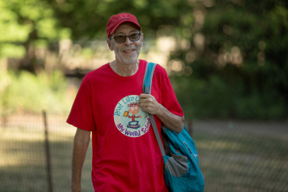 Dan Gutman wearing a My Weird School shirt