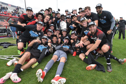 The Scarlet Knights men’s soccer team celebrates