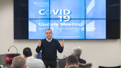 Antonio Calcado addresses members of the Rutgers COVID-19 Task Force