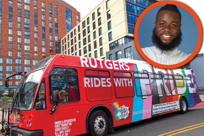 Rutgers PRIDE bus with insert of Keywuan Caulk