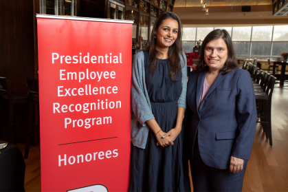 Honorees Anju Gupta, associate dean for Clinical Education, professor of Law, and director of the Immigrant Rights Clinic and Joanne Gottesman, director of Clinical Programs, Camden and clinical professor of Law at the Presidential Employee Excellence Recognition Program Award Ceremony held at the Rutgers Club.