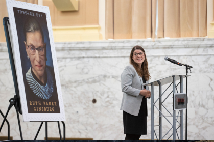 Clara S. Spera, Senior Associate and Wilmerhale Lecturer at Harvard Law School, speaks about her grandmother Ruth Bader Ginsberg who has been honored with a USPS stamp unveiling in Ruth Bader Ginsberg Hall on the Rutgers Newark campus.