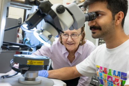 Eva Andrei working in her prep lab with School of Engineering student Shashreck Bhupathiraju