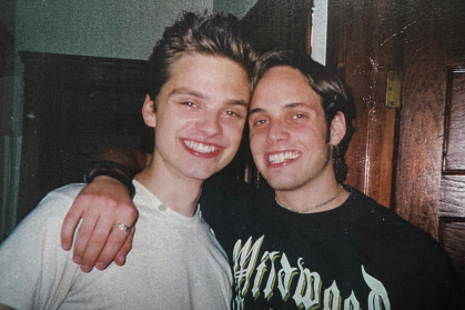 Golden Globe-winning actor Sebastian Stan (BFA05) and Justin Mortelliti (BFA02), both acting students, at a party in 2002.