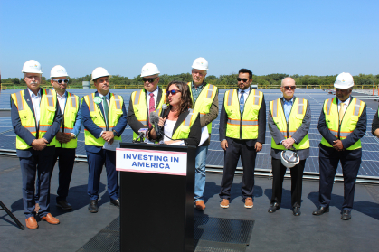 NJBPU President Christine Guhl-Sadovy shares remarks at a Solar For All press conference in Edison, NJ 