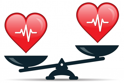 Illustration of scale with hearts showing Health Inequities
