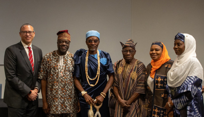 Rutgers University President Jonathan Holloway, Dr. Sarafa Oladele Ibraheem, His Royal Majesty Dr. Saka Matemilola, His Excellency, Chief Olesegun Obasanjo, Bola Ibraheem from Rutgers Global, and Queen Olori Adijat Matemilola