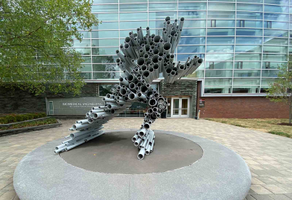 Ralph Helmick’s 2009 sculpture "Signal" stands in front of the Biomedical Engineering Building on Busch campus at Rutgers-New Brunswick.