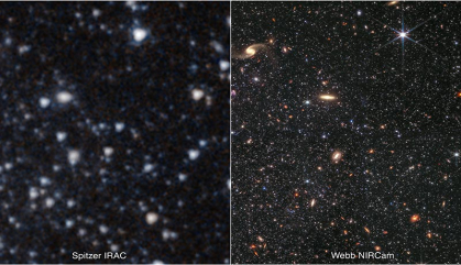 A comparison of images of the WLM galaxy taken by the Hubble Space Telescope (left) and the Webb Telescope.