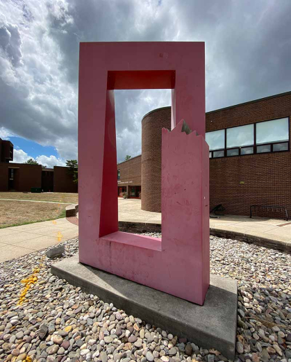 "Split and Twisted" stands outside the Science and Engineering Resource Center on Busch campus at Rutgers-New Brunswick.