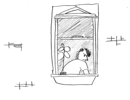 An angry, slouching man can be seen through a residential window in a scene from the animated film "The Creative Process."