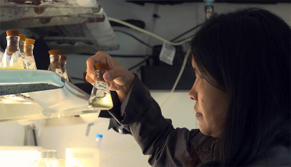 woman examines flask of liquid