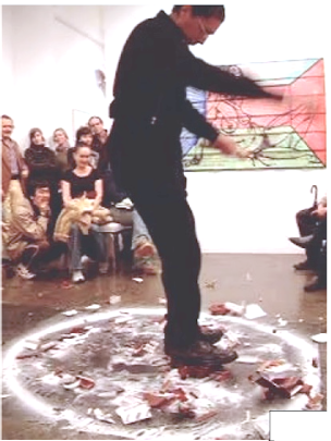 Raphael Montañez Ortiz Dances Flamenco Accompanied by 20 Miniature Pianos, 2004, at Mitchell Algus Gallery, NYC. Courtesy of the artist.