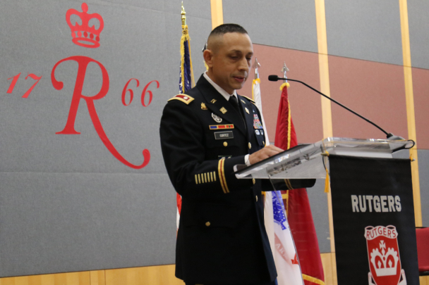 Professor of military science and Lieutenant Colonel Javier A. Cortéz speaking