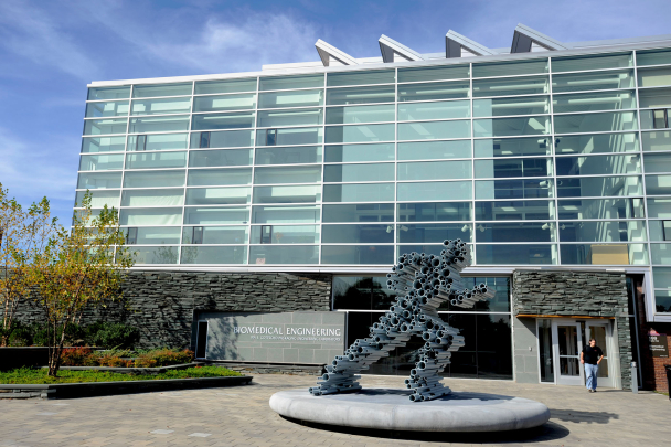 Signal sculpture by Ralph Helmick at entryway of the Biomedical Engineering building at Busch campus