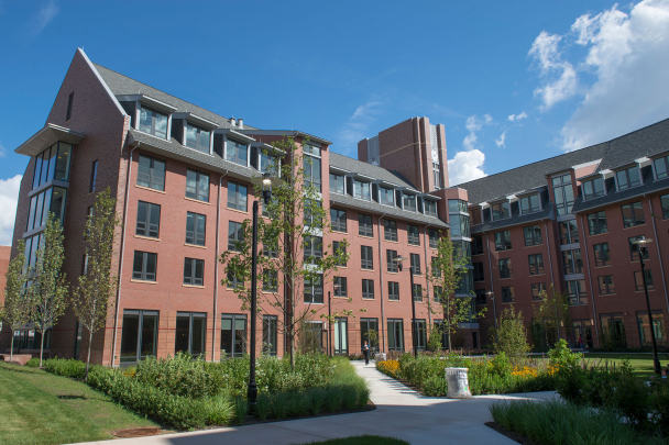 Honors College exterior on College Ave campus with blue sky