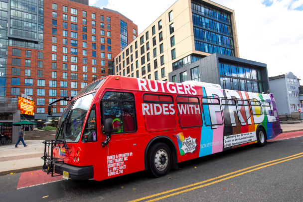 The Rutgers Pride Bus stops at The Yard along College Avenue.