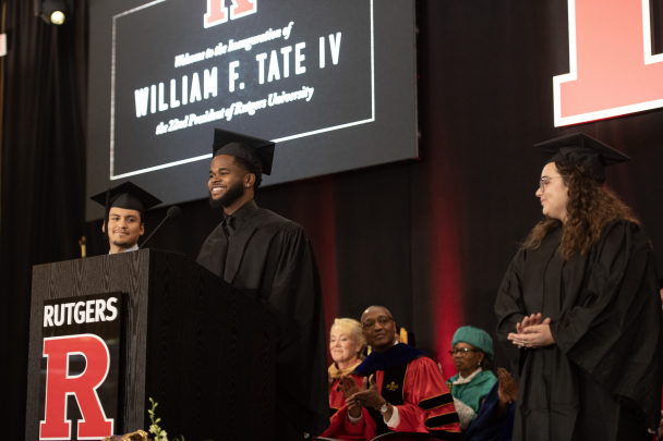 Student government representatives Christopher Godoy from Rutgers–New Brunswick (left); Adrian Henry from Rutgers-Newark (center) and Jennifer Levy from Rutgers–Camden (right) at the ceremony.