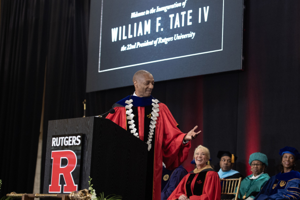 Rutgers 22nd President William F. Tate IV delivers his address during his inauguration Nov. 7, 2025