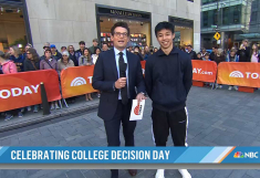 Incoming Rutgers student Ethan Thai stands with a newscaster from "The Today Show" on Monday in New York.