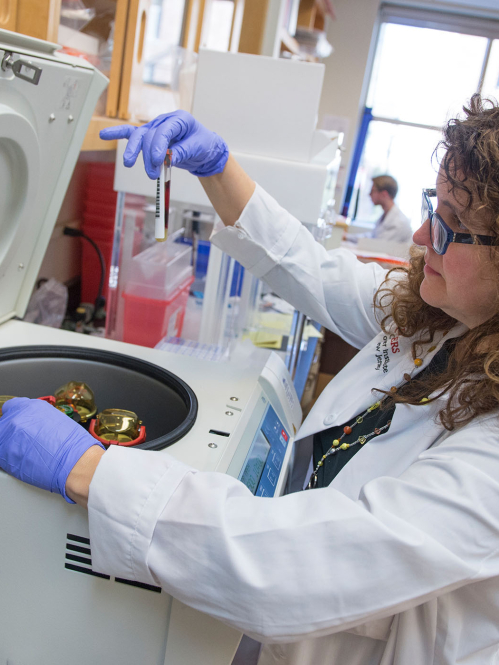 Kelly Walton places samples into a centrifuge in the Biospecimen Repository at CINJ